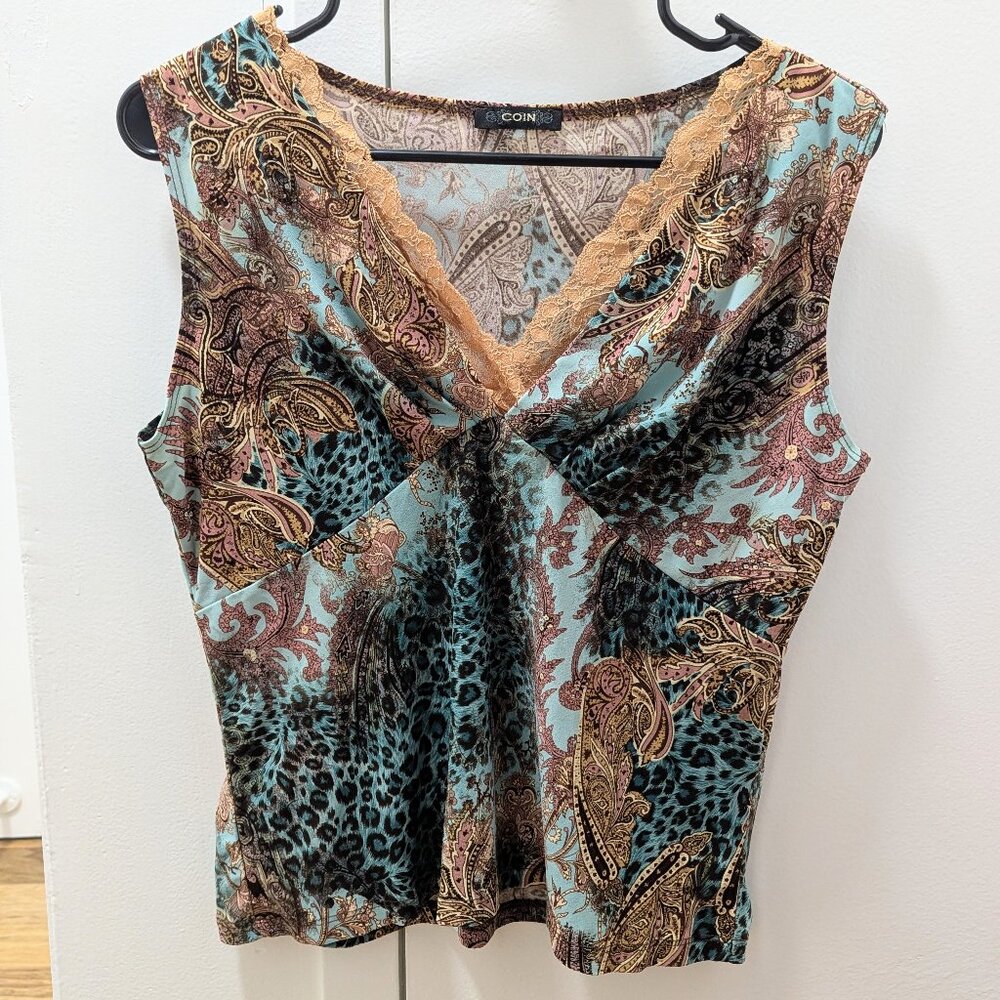 Y2k vintage blue pink and tan cheetah paisley print sleeveless tank top size L